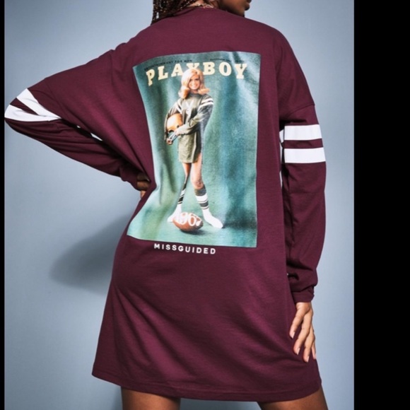 Playboy Vintage Style Graphics Burgundy Oversized Jersey Style T-Shirt Dress - Picture 3 of 6